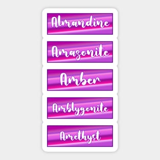 Gemstone names amber, amethyst almandine, Amazonite Sticker